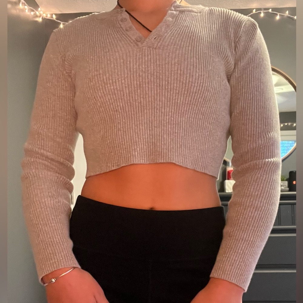 Brandy Melville, Gray Sweater, Button Up V-Neck